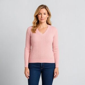 Brooks Brothers Silk Cashmere Cable Knit Sweater Pink V-Neck Preppy Women’s L